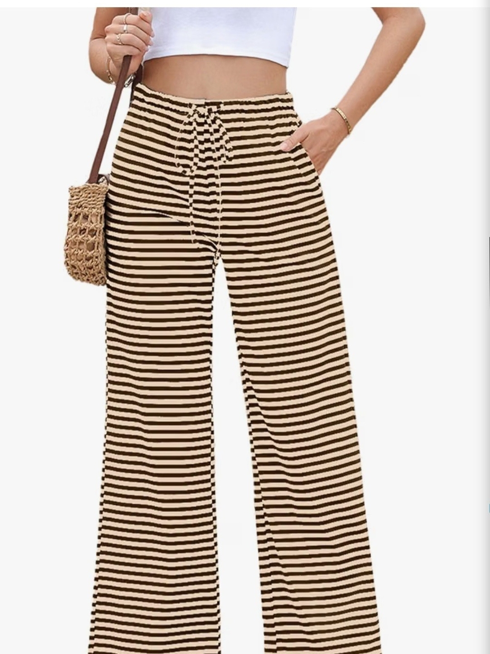 Striped Wide-Leg Drawstring Pants - Brown & Cream